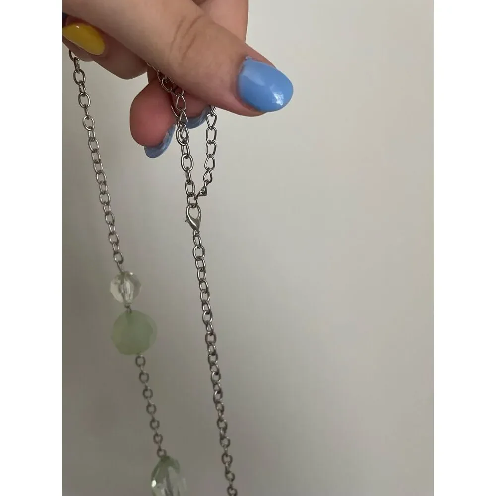 Silver and Green Long Fishhook Necklace